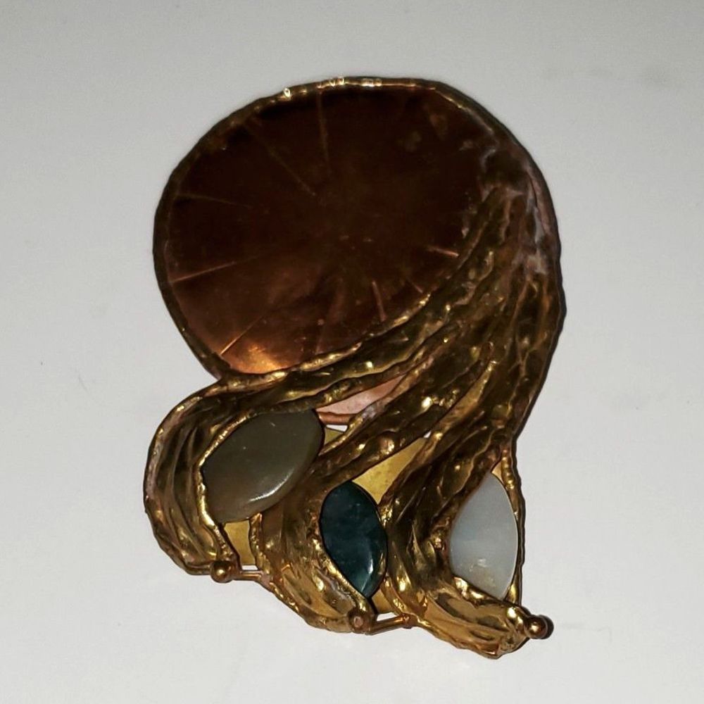 Artisian Copper And Stone Pin Brooch Large Boho Statement Vintage Costume Large